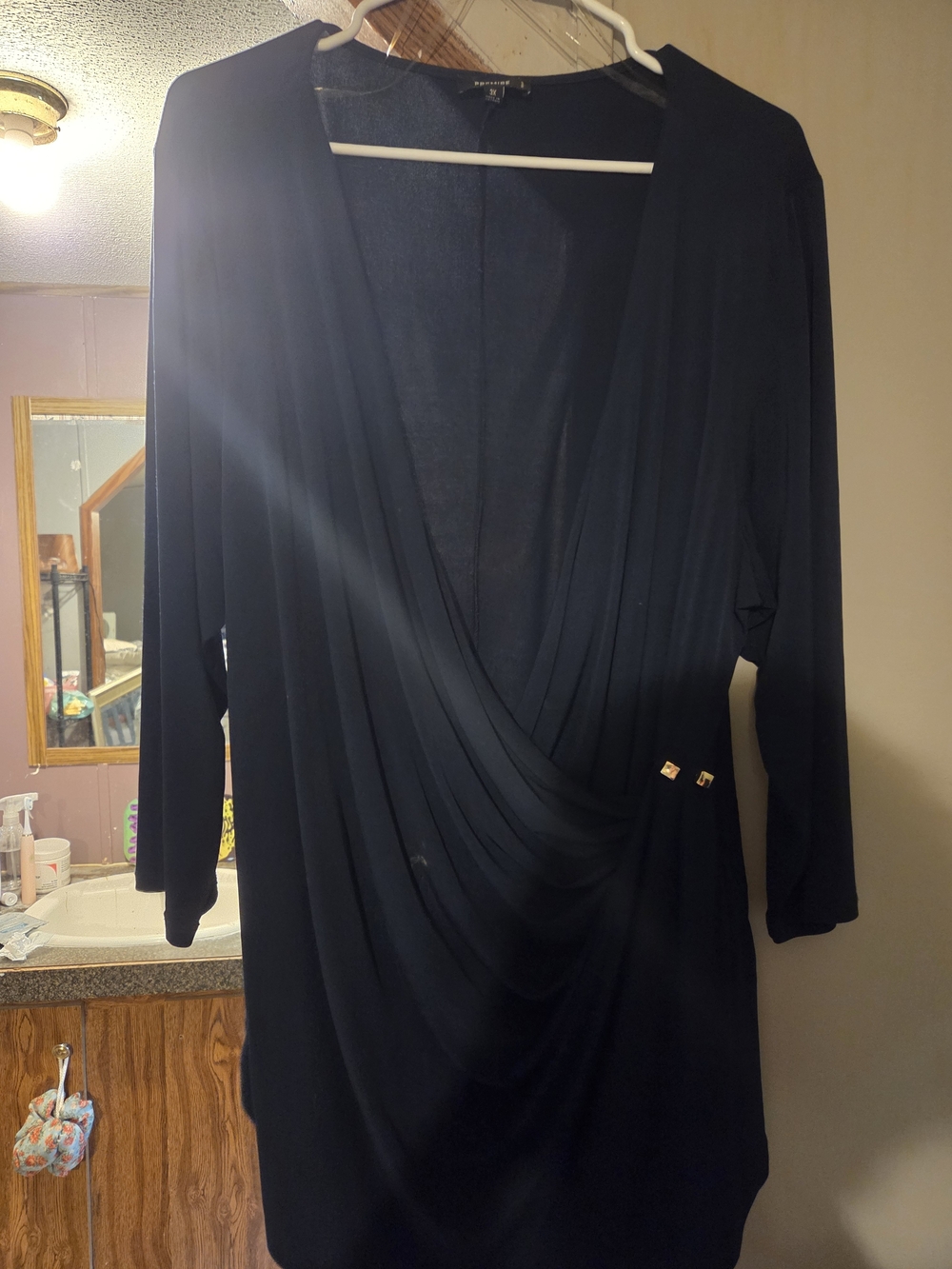 Premise Black Long-Sleeve Draped Wrap Dress with Gold Accents
